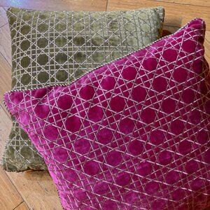 Vtg designer Jay Strongwater Flora Trellis square pillows pink green gold velvet